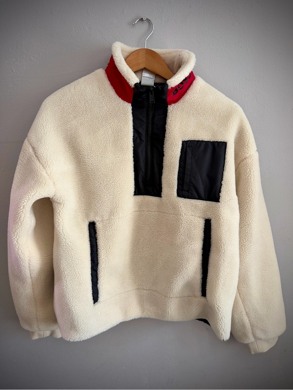 BOSS Kids Faux Fur Sherpa Fleece Pullover Jacket Cream Black Red Size 14-S